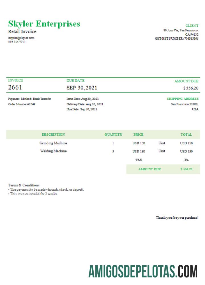 Fatura da Skyler Enterprises nos EUA exemplo real